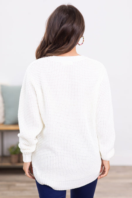 Ivory Waffle Knit Round Hem Sweater - Filly Flair