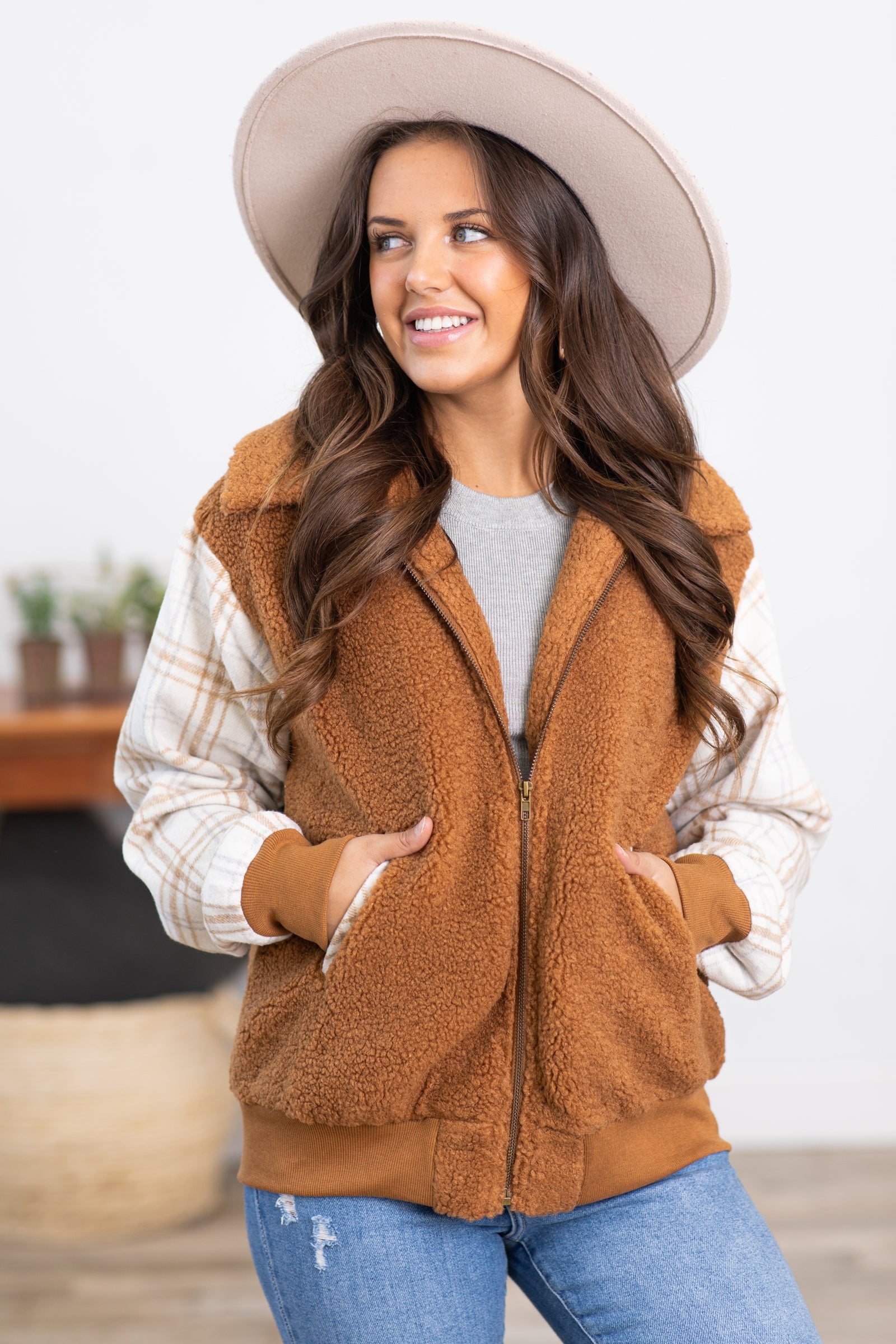 Plaid faux fur clearance jacket