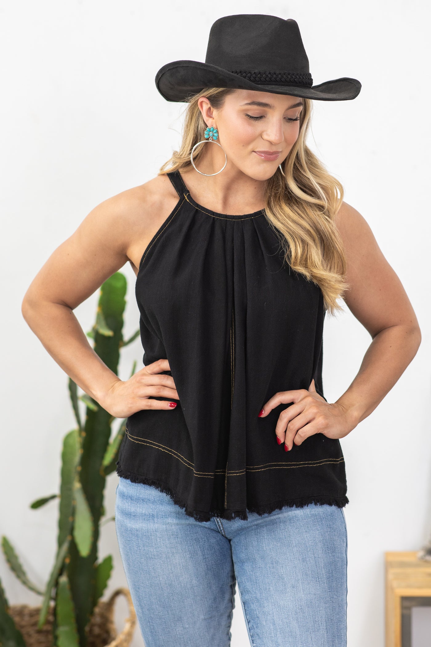 Black Washed Fray Hem Contrast Stitch Top