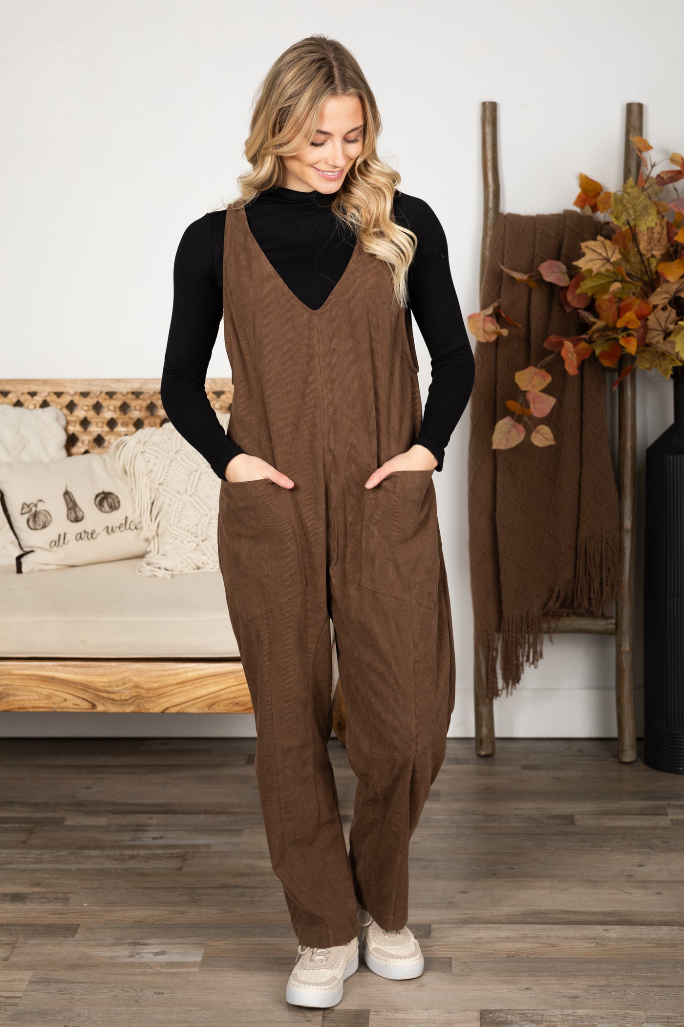 Mocha Corduroy Jumpsuit With Pockets