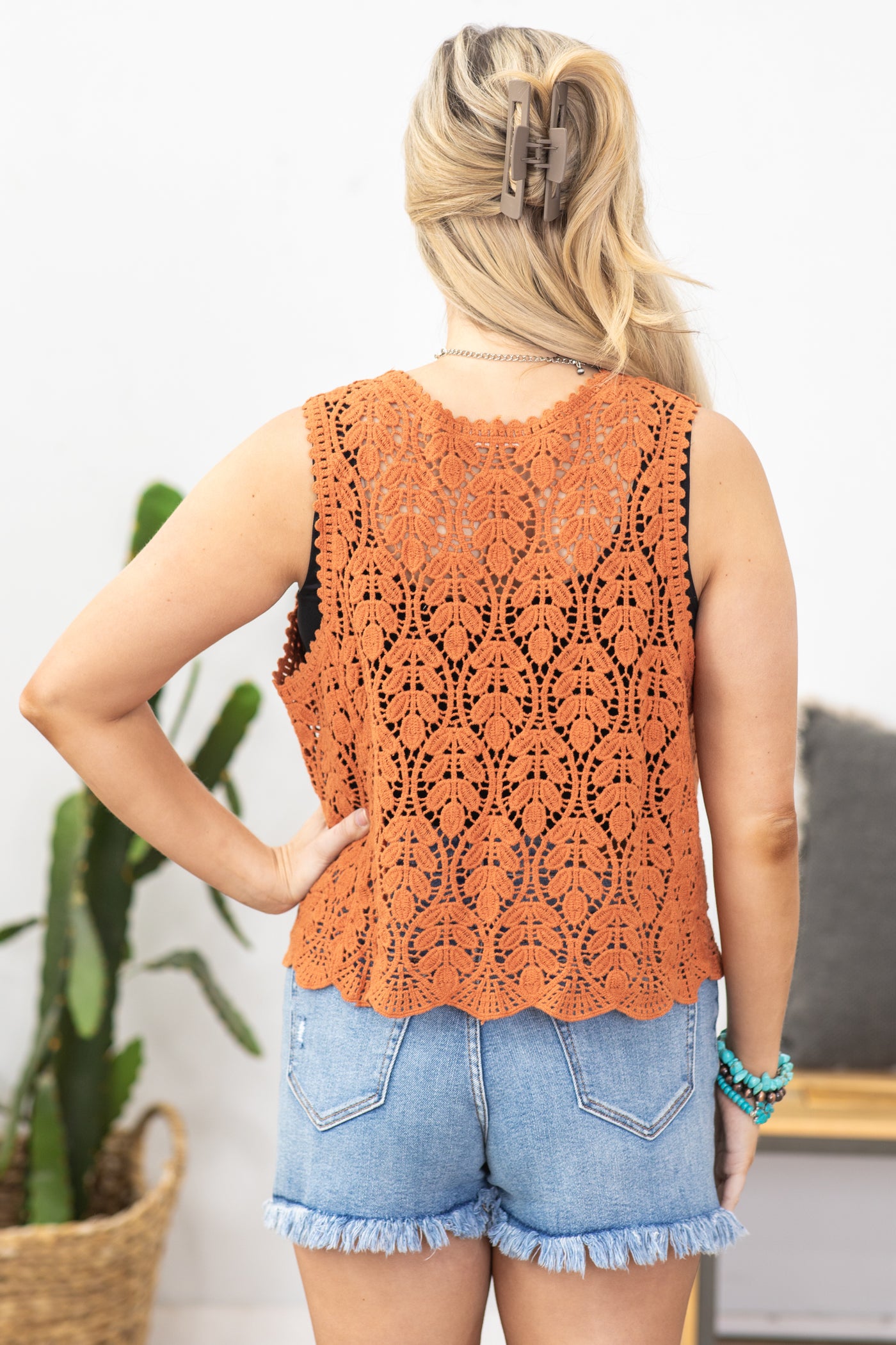 Burnt Orange Crochet Vest With Scallop Hem