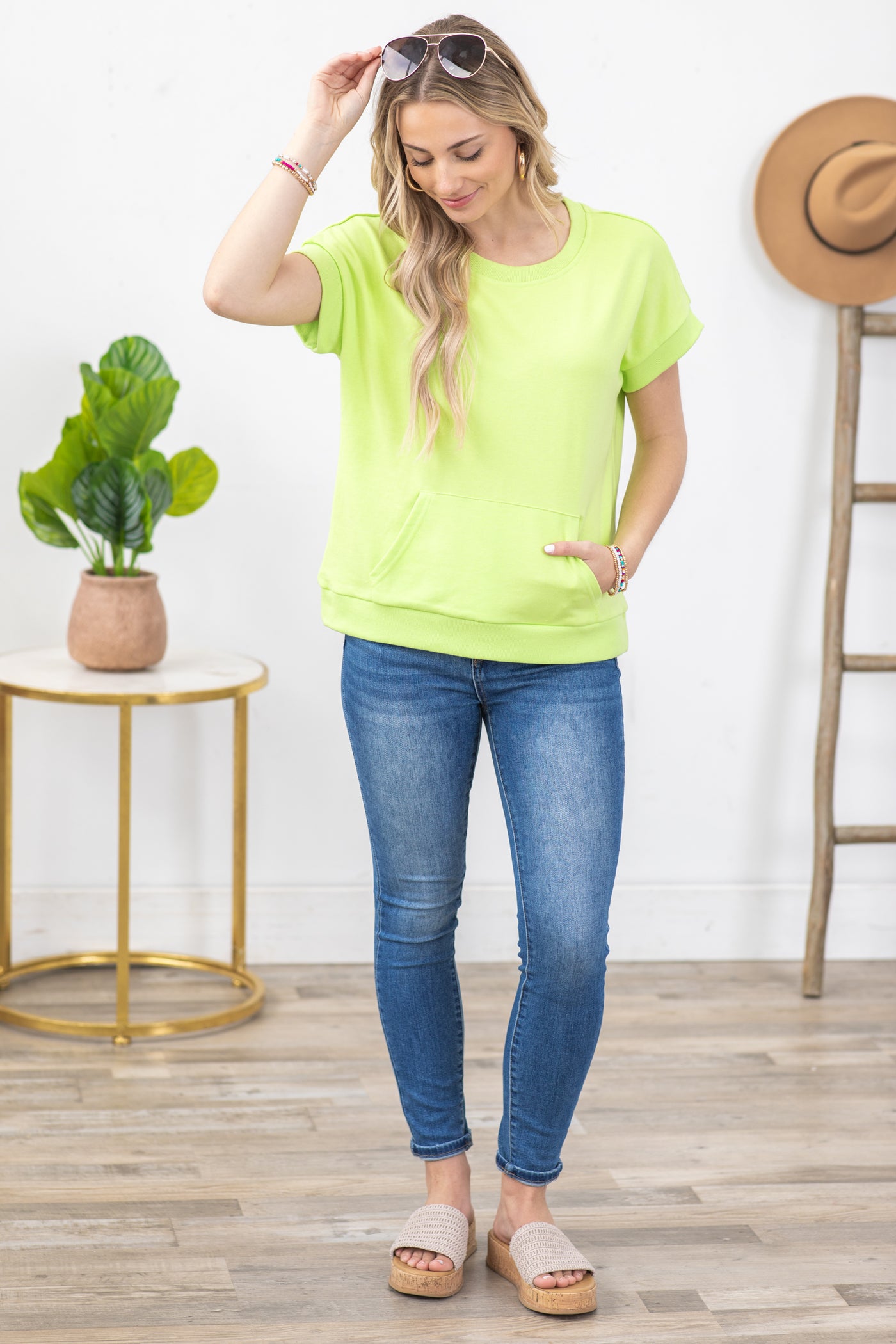 Lime Green Short Sleeve Top With Pocket