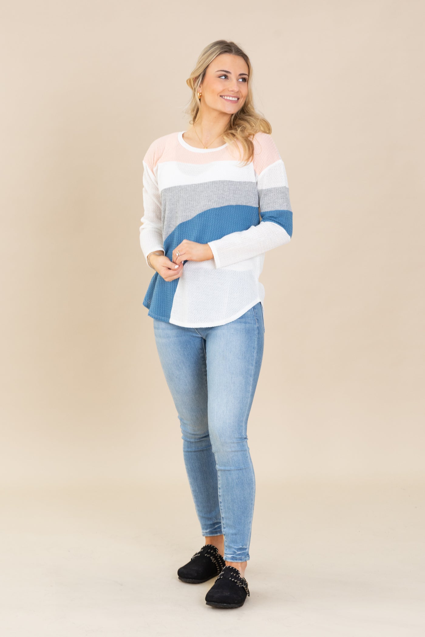 White Colorblock Waffle Knit Top