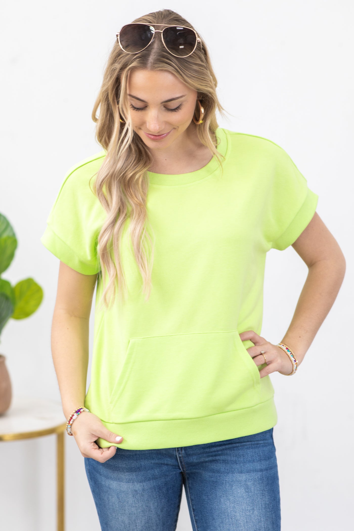 Lime Green Short Sleeve Top With Pocket