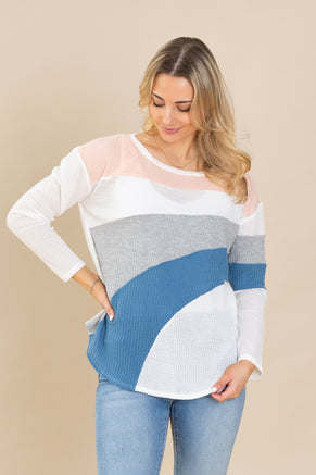 White Colorblock Waffle Knit Top