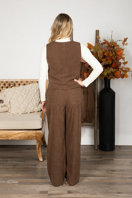 Brown Corduroy Vest And Pants Set