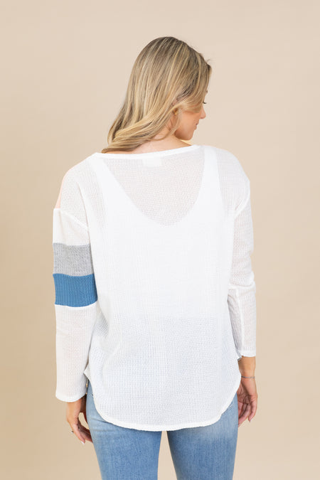 White Colorblock Waffle Knit Top