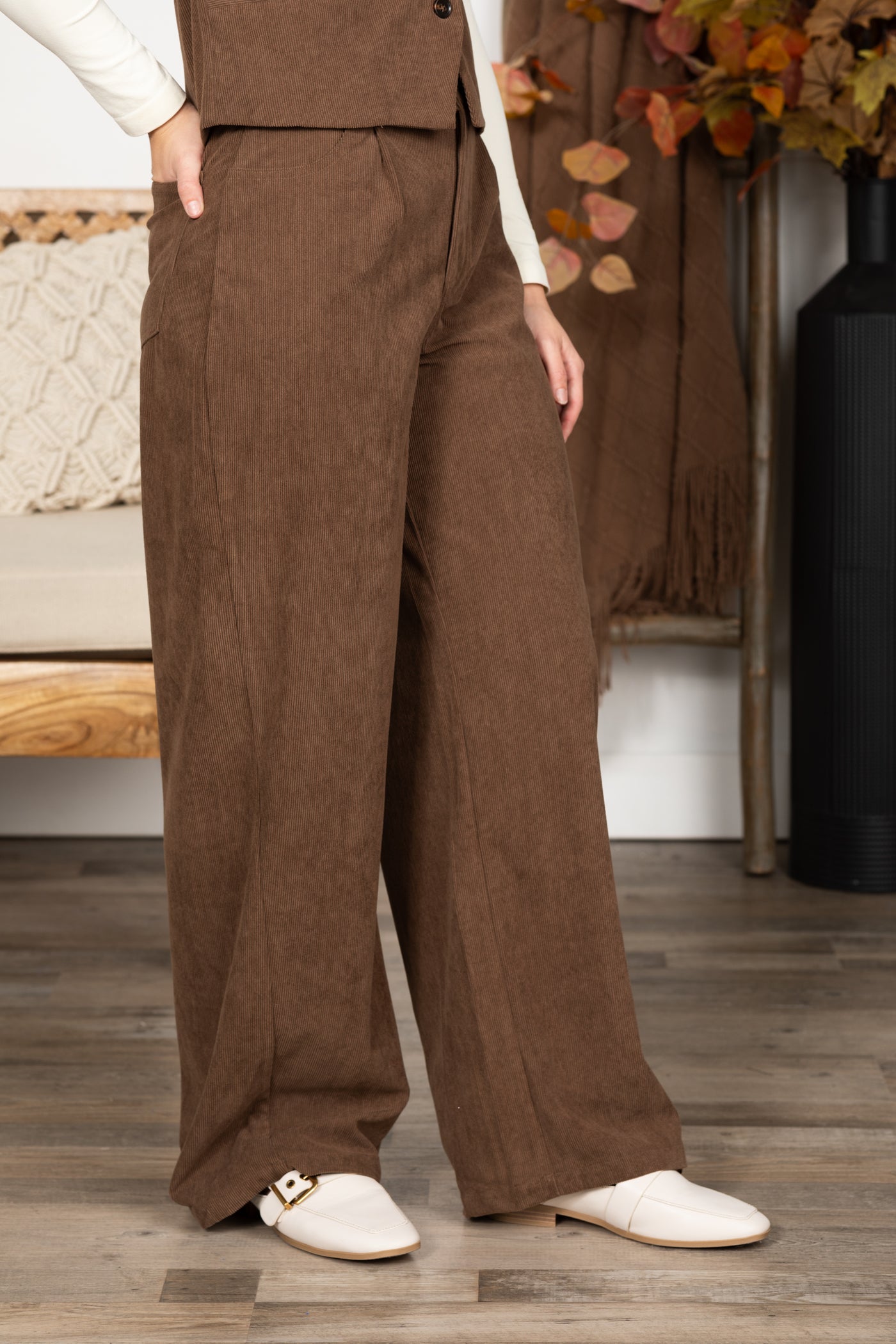 Brown Corduroy Vest And Pants Set