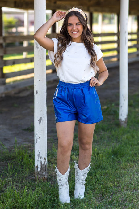 Blue Metallic Elastic Waist Shorts - Filly Flair