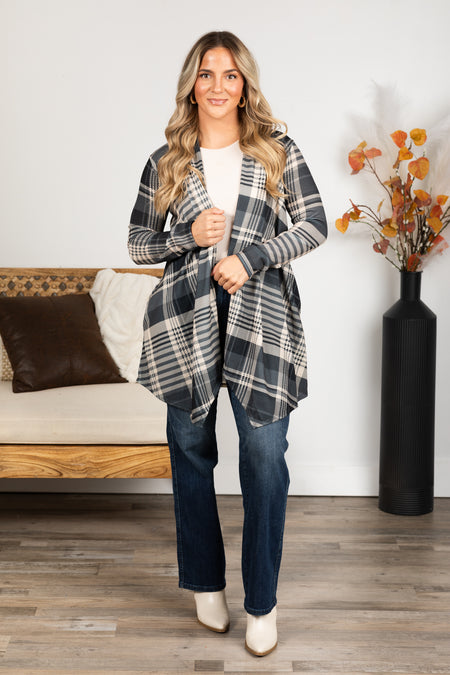 Charcoal Plaid Open Cardigan