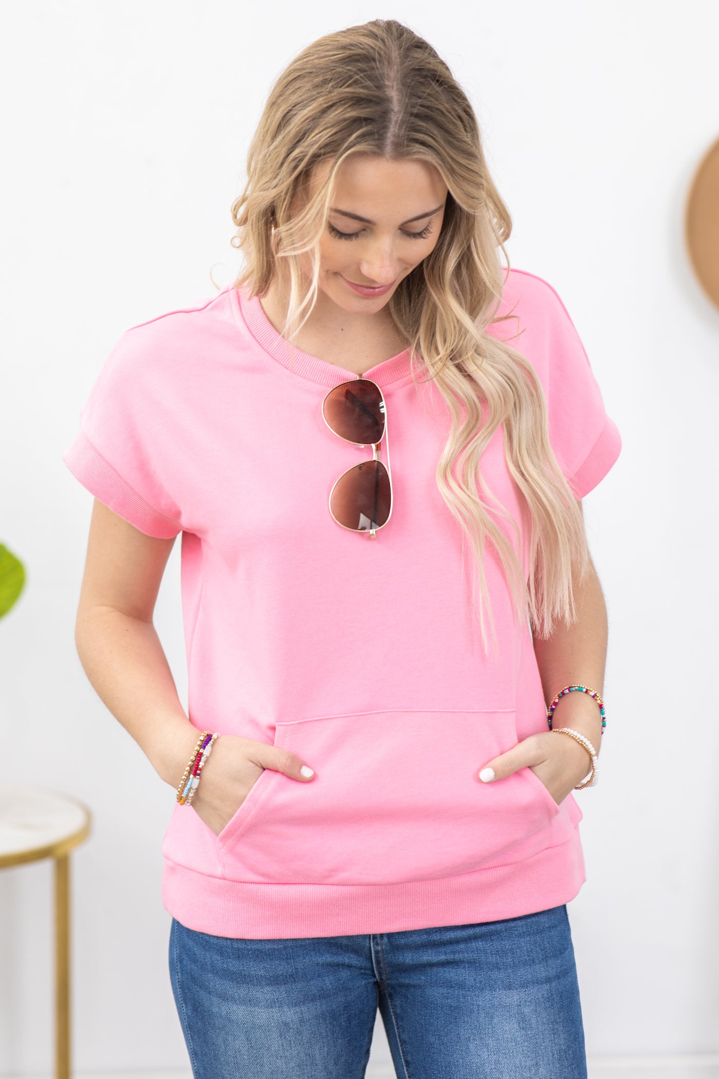 Baby Pink Short Sleeve Top With Pocket