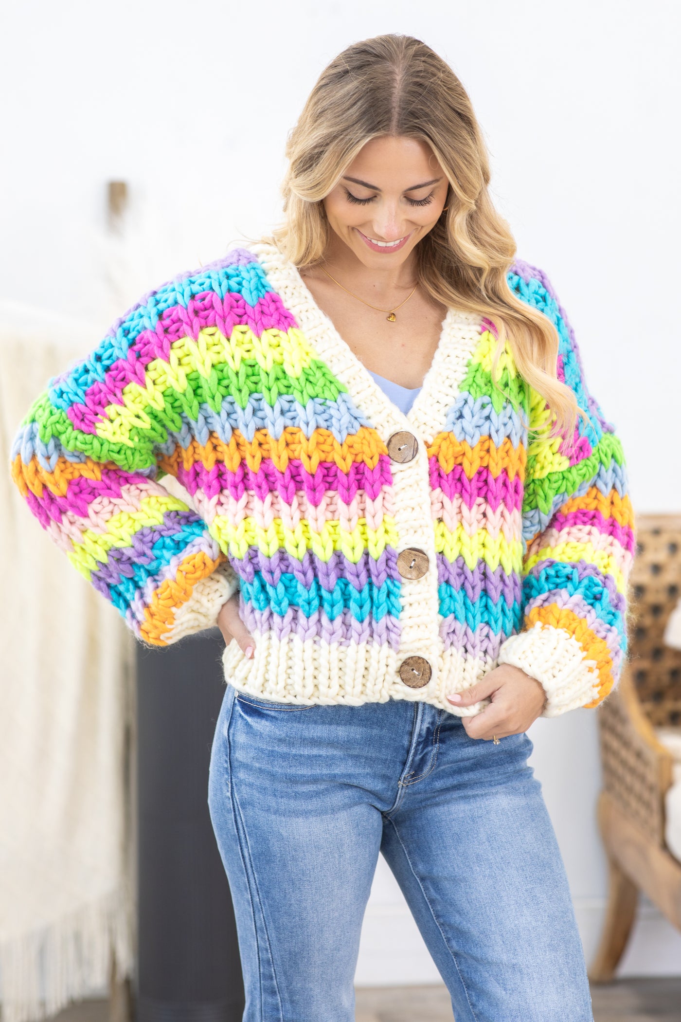 Multicolor Stripe Button Up Chunky Cardigan