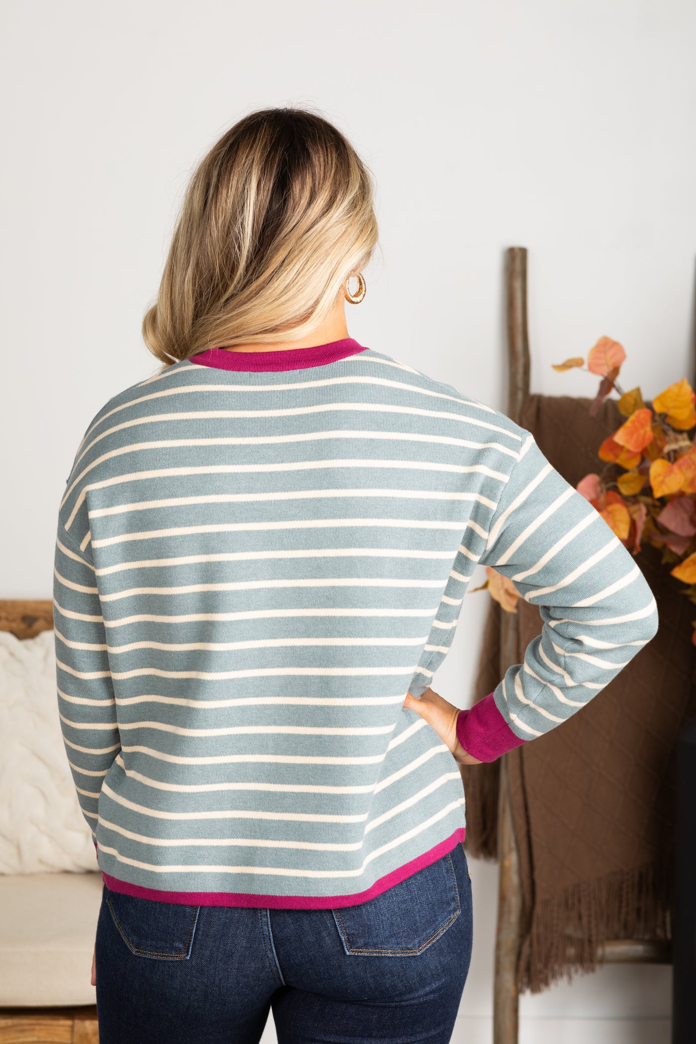 Slate Blue Stripe Contrast Long Sleeve Knit Top