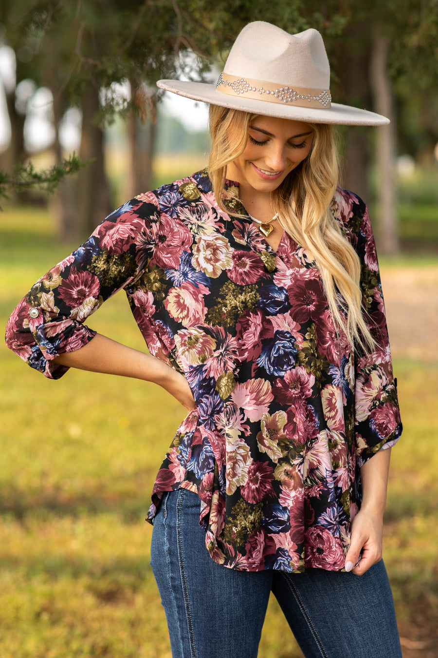 Black And Olive Floral Wrinkle Free Lizzy Top
