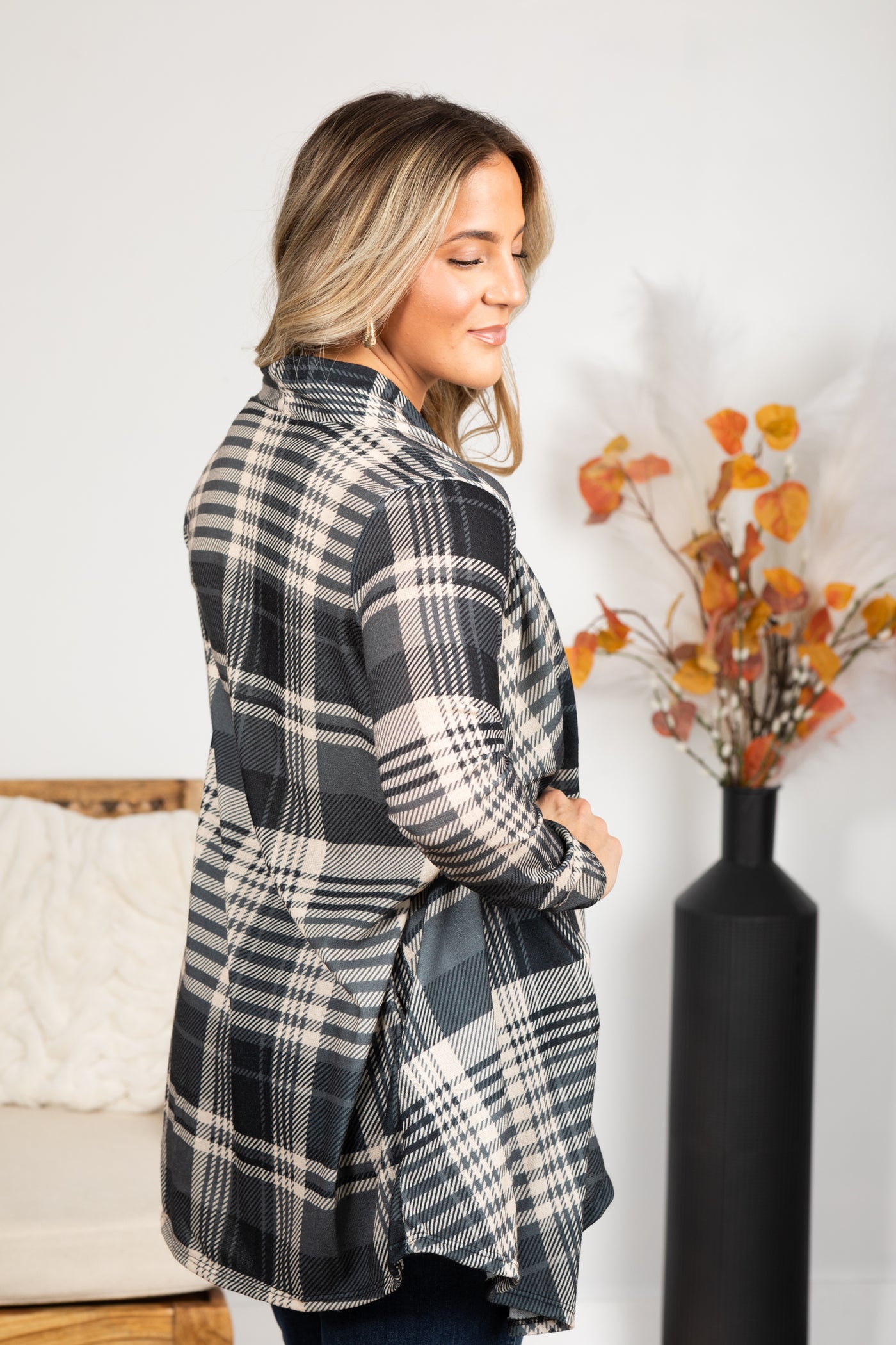 Charcoal Plaid Open Cardigan