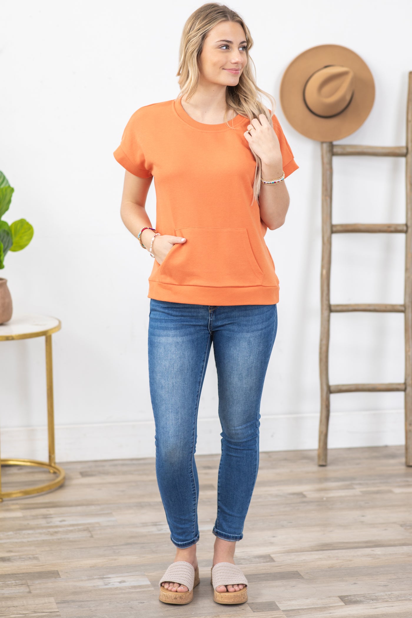 Orange Short Sleeve Top With Pocket