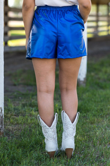 Blue Metallic Elastic Waist Shorts - Filly Flair