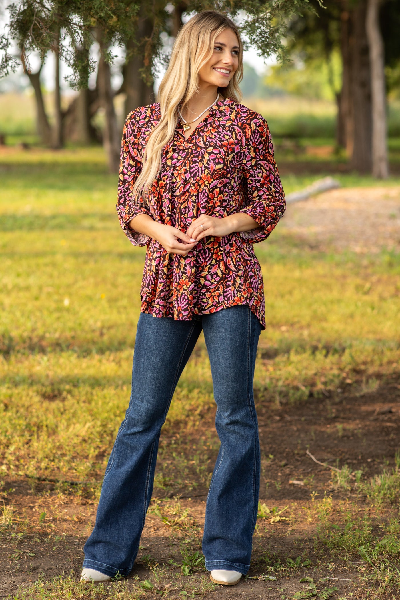 Brown Floral Print Wrinkle Free Lizzy Top