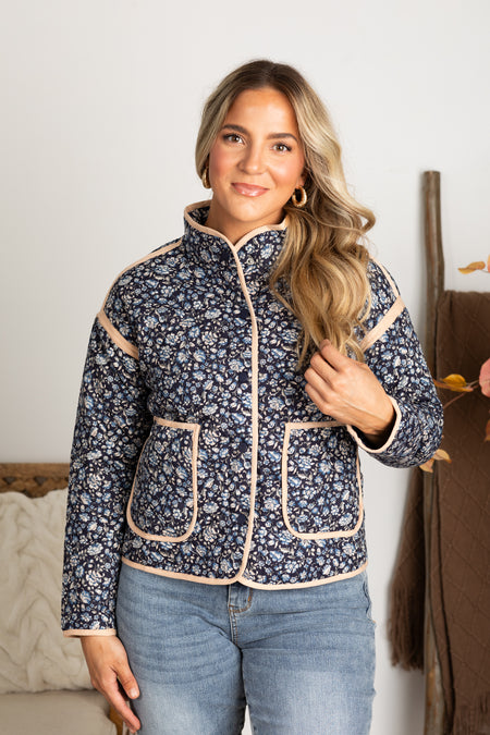 Navy Ditsy Floral Quilted Jacket