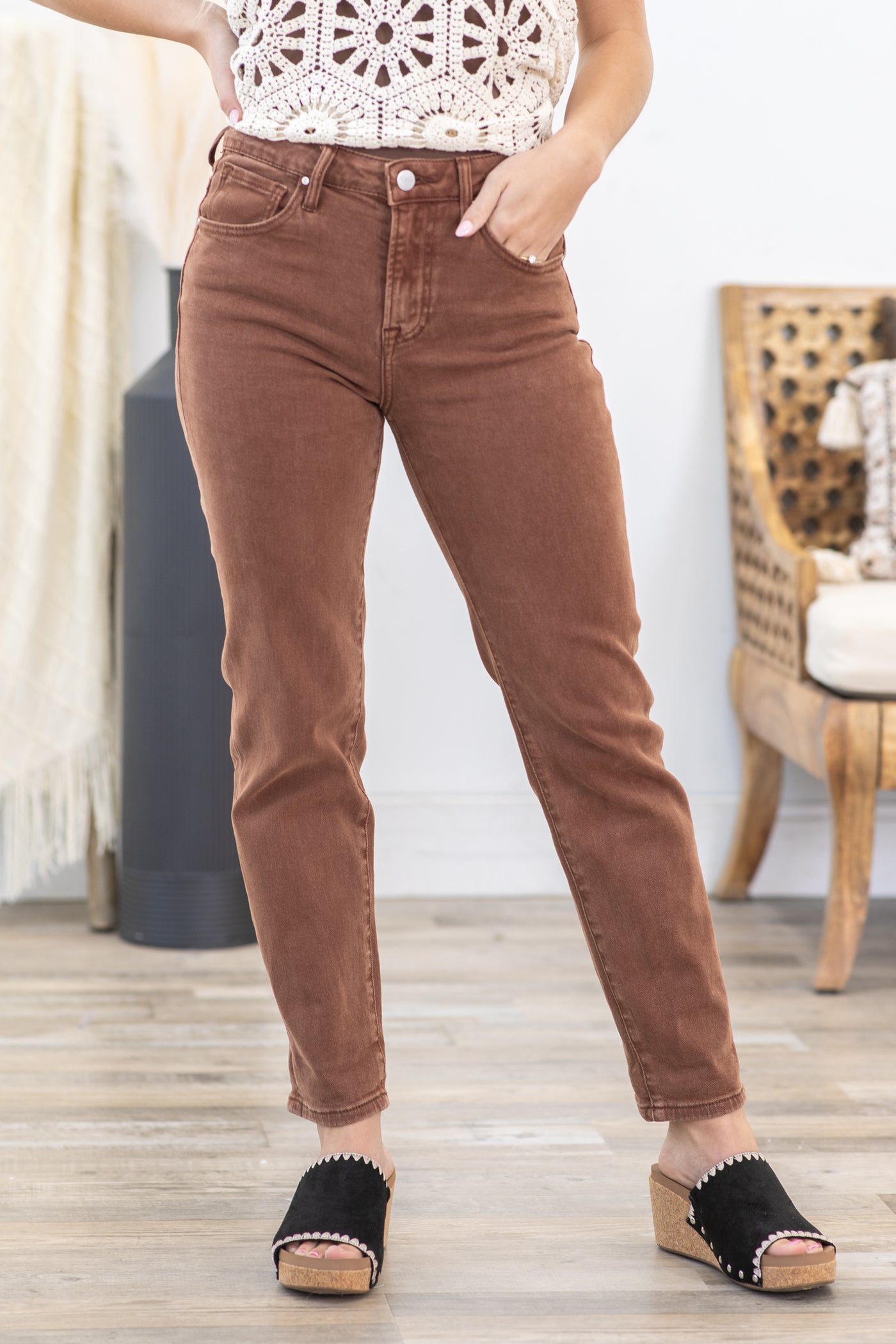 Risen Espresso Wash High Rise Boyfriend Pant