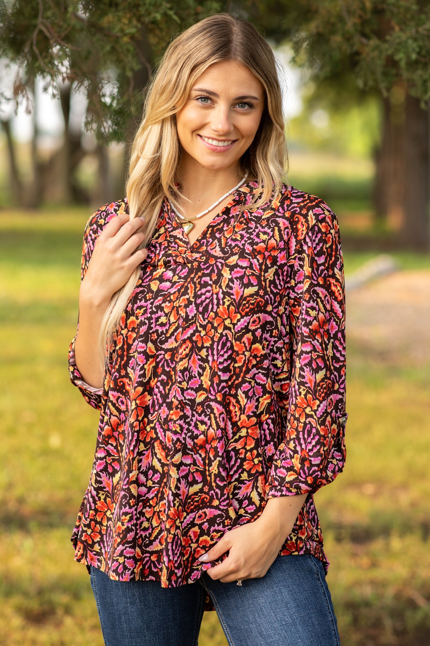 Brown Floral Print Wrinkle Free Lizzy Top