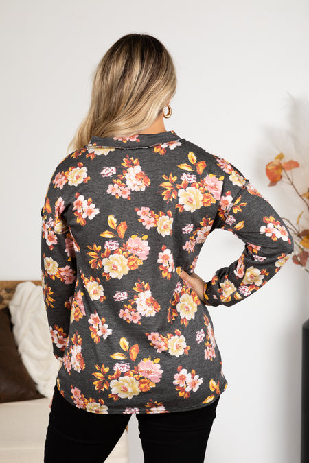 Charcoal Long Sleeve Floral Print Knit Top