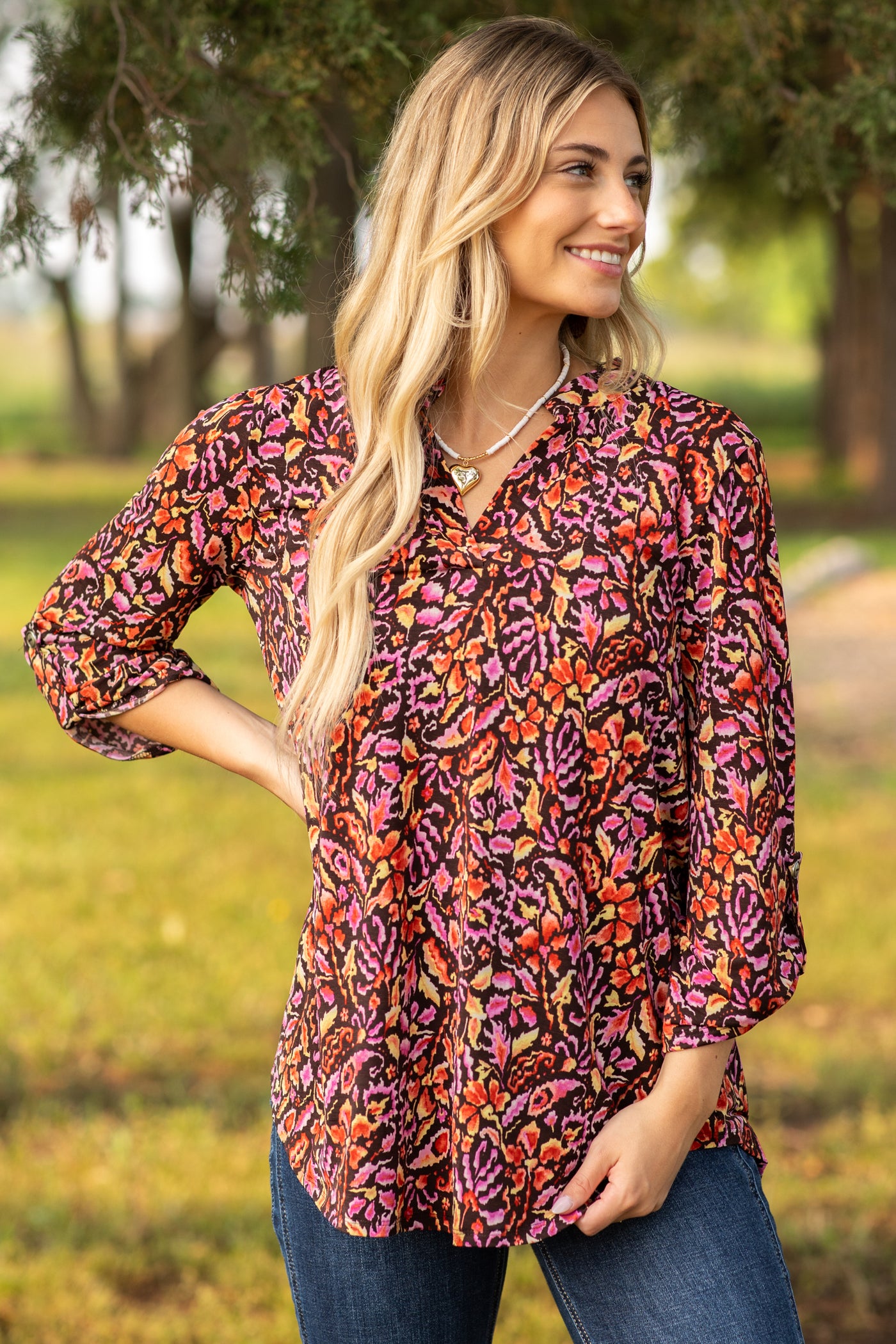 Brown Floral Print Wrinkle Free Lizzy Top