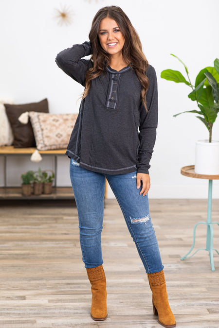 Charcoal Contrast Stitch Henley Top - Filly Flair