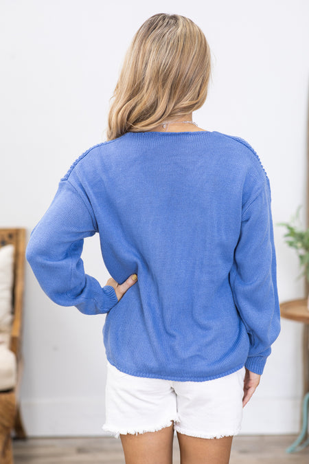 Cornflower V-Neck Cable Knit Sweater