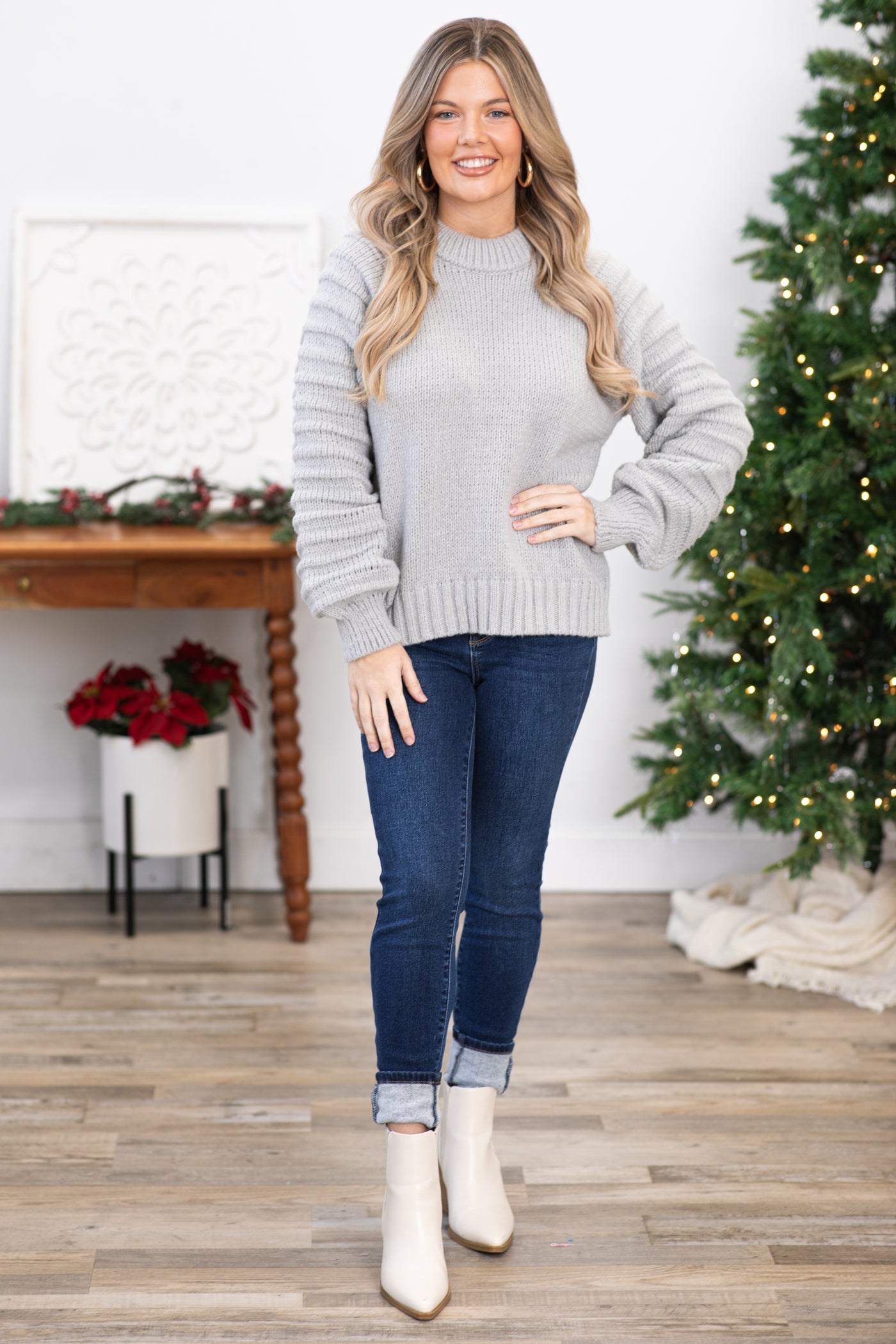Grey Textured Sleeve Round Neck Sweater · Filly Flair