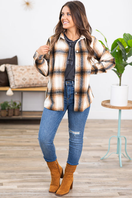 Camel and Off White Plaid Shacket - Filly Flair