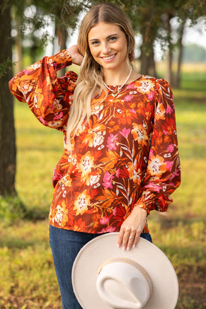 Burnt Orange and Pink Floral Smocked Cuff Top