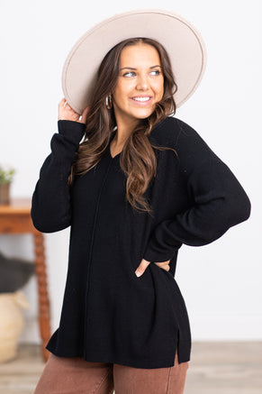 Black Mini Waffle V-Neck Sweater With Seam