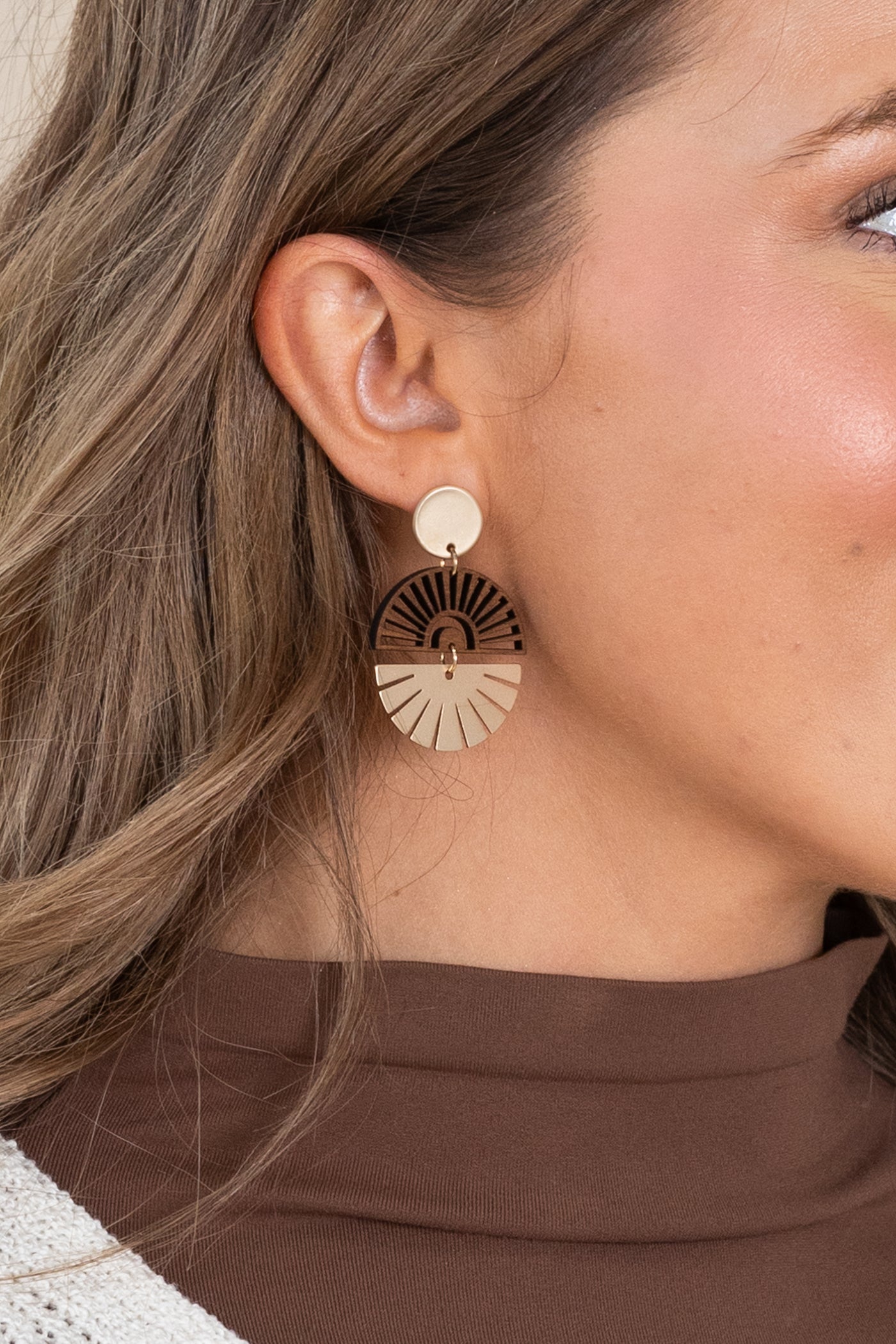 Gold and Brown Wood Double Fan Shaped Earrings