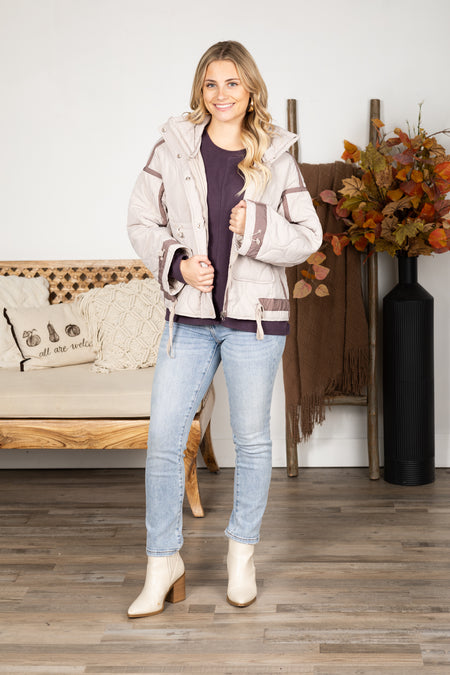 Grey Beige Quilted Toggle Puffer Jacket