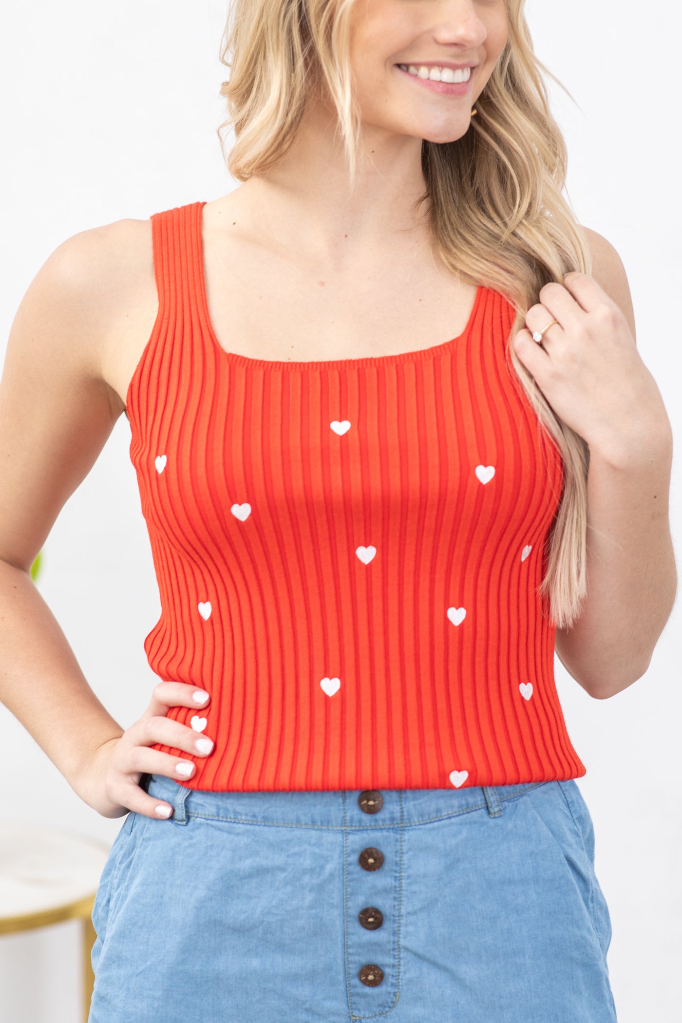 Red With White Embroidered Hearts Sweater Tank