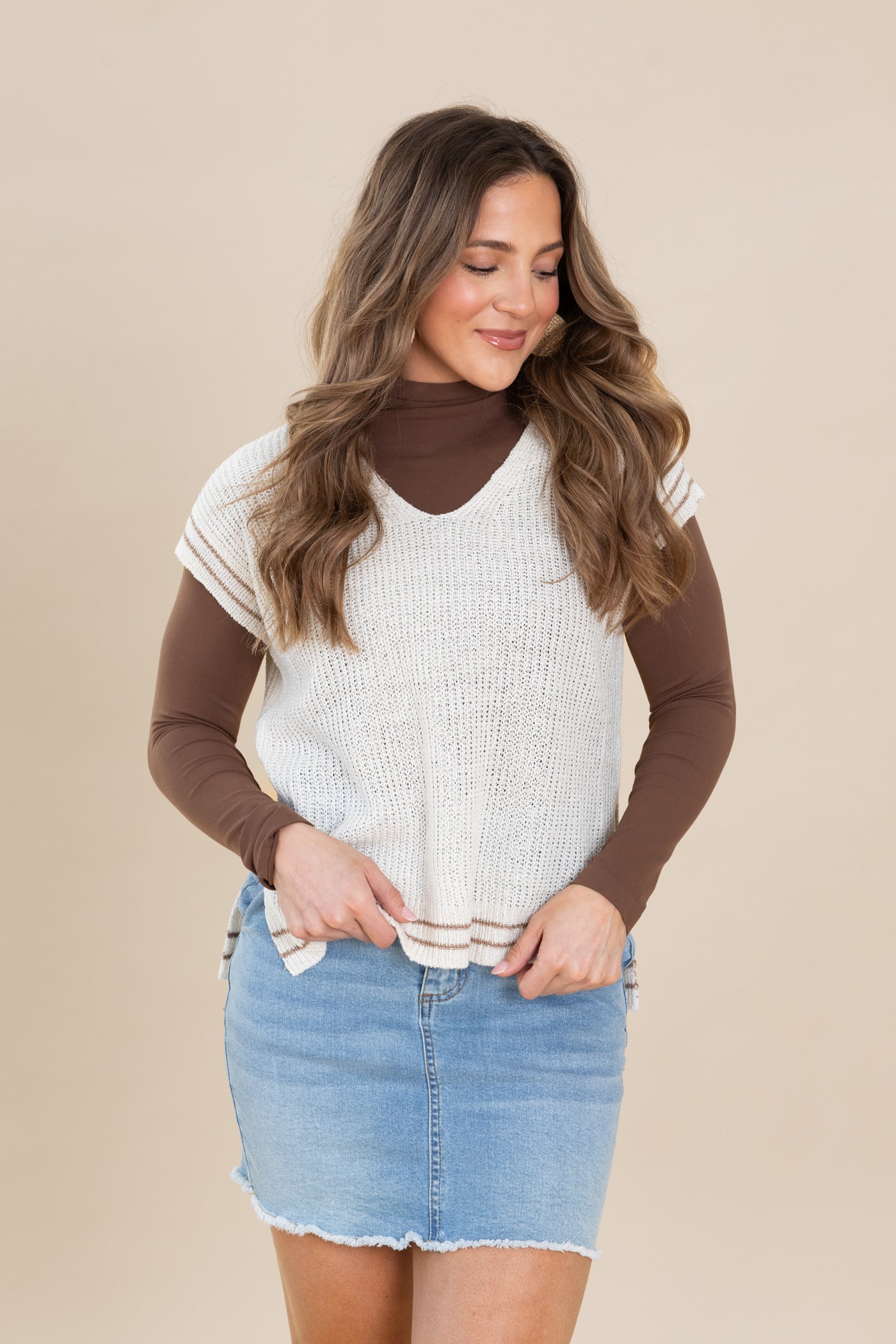 Cream V-Neck Sweater Accent Stripe Detail