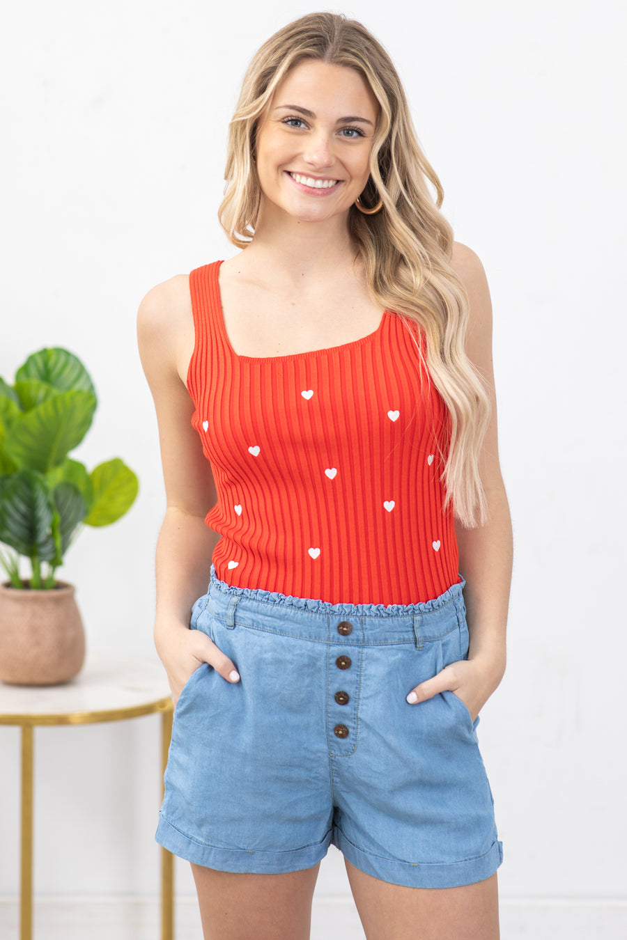 Red With White Embroidered Hearts Sweater Tank