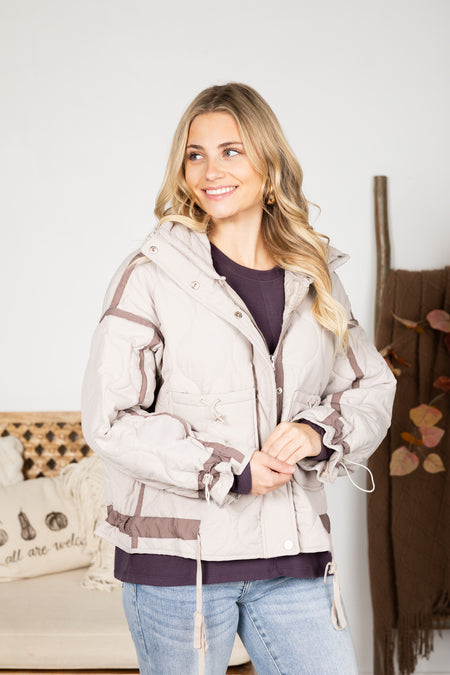 Grey Beige Quilted Toggle Puffer Jacket