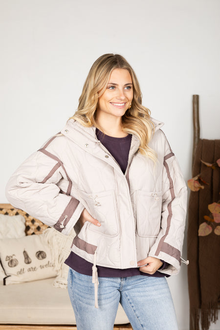 Grey Beige Quilted Toggle Puffer Jacket