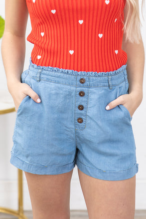 Chambray High Waist Elastic Shorts