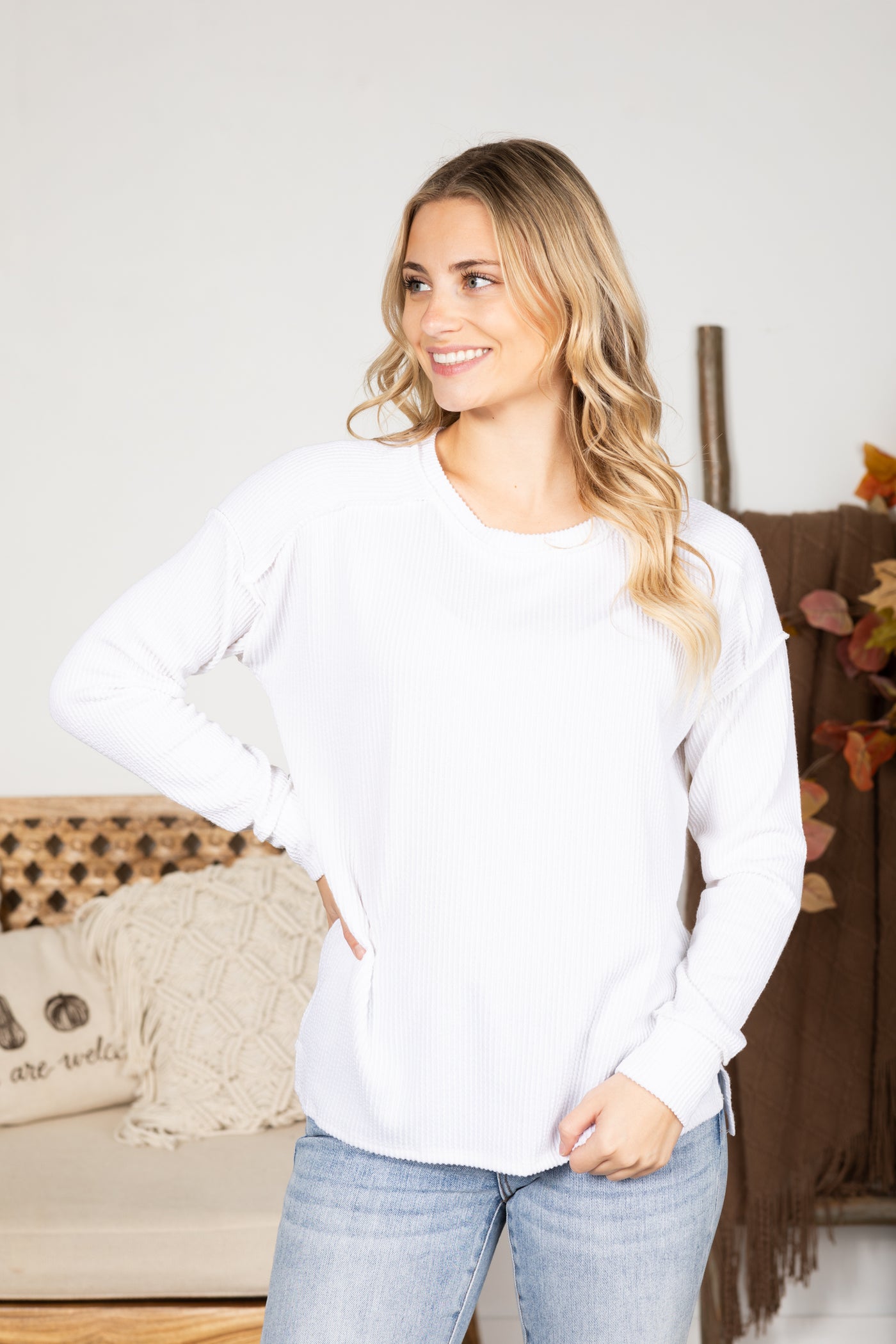 Ribbed Drop Shoulder Long Sleeve Knit Top