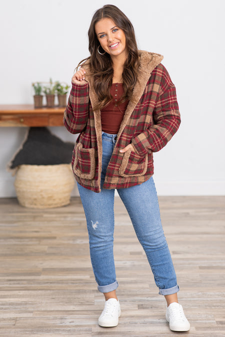 Burgundy and Mocha Plaid Sherpa Lined Jacket