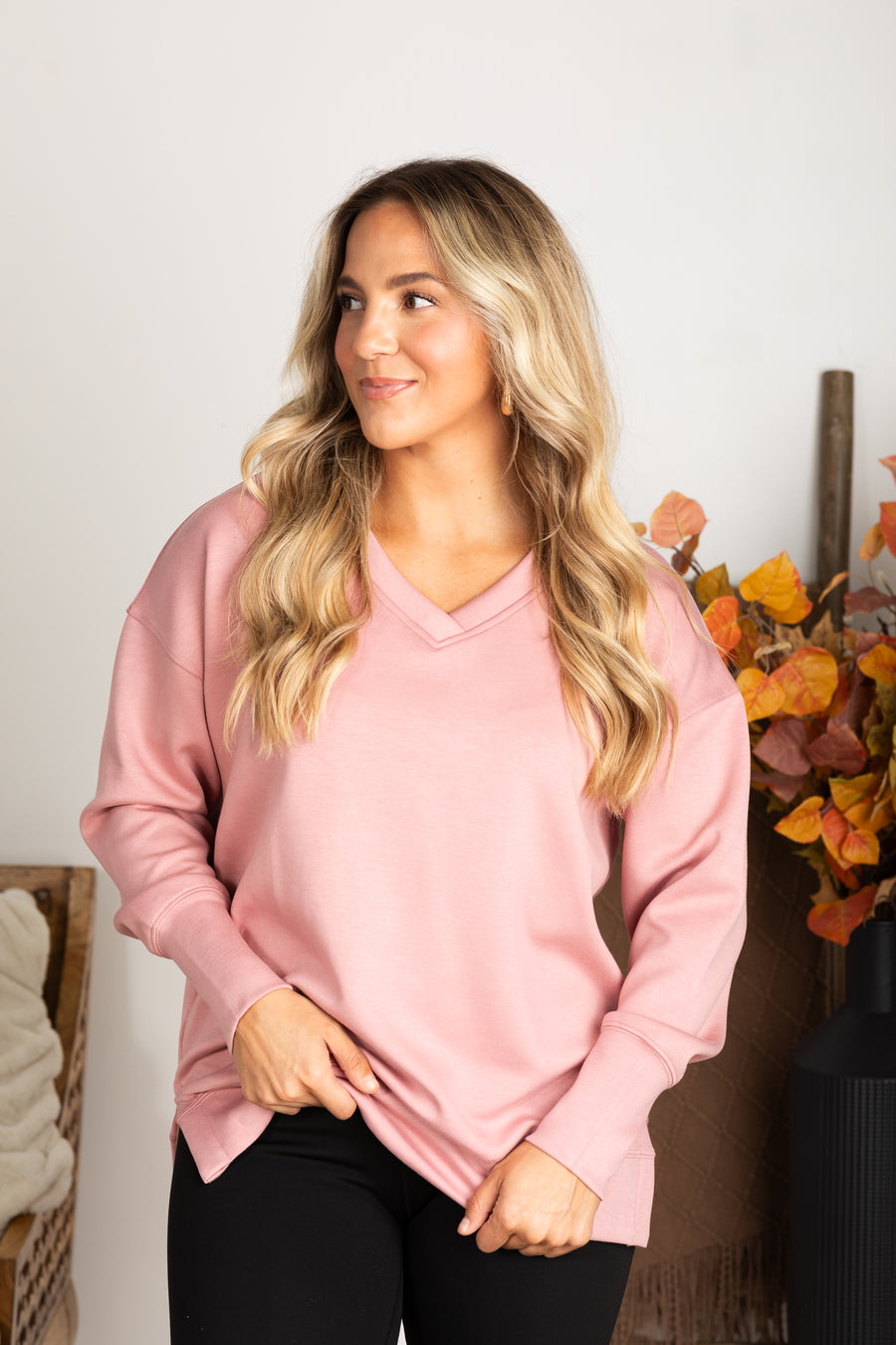 Dusty Rose V-Neck Scuba Long Sleeve Top