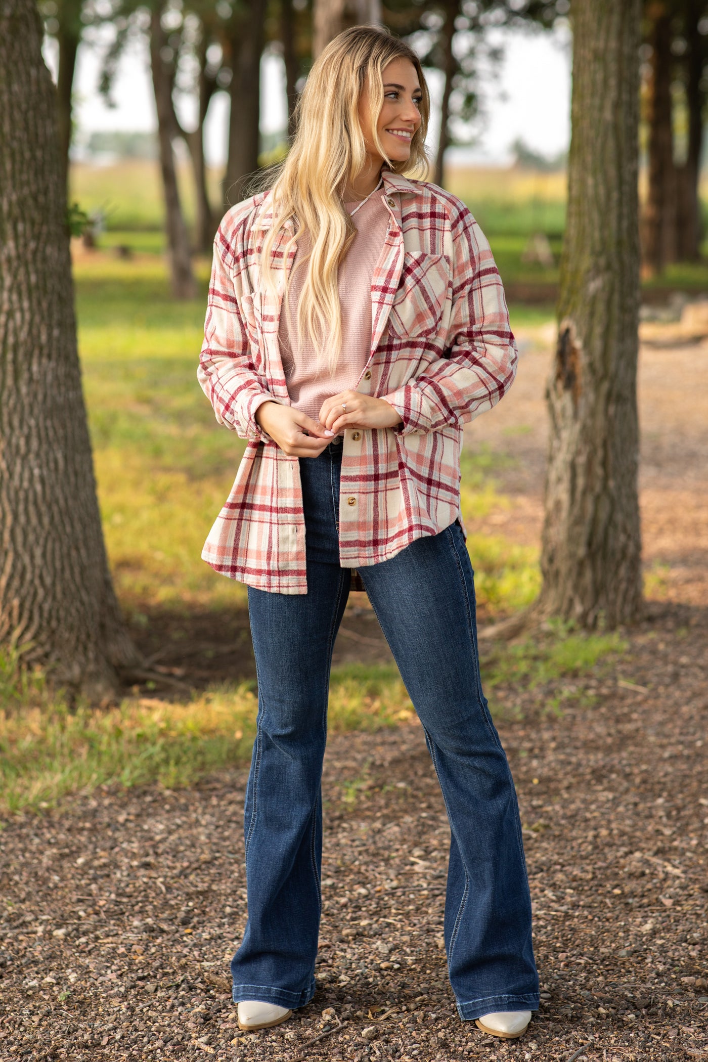 Blush and Taupe Plaid Button Up Top