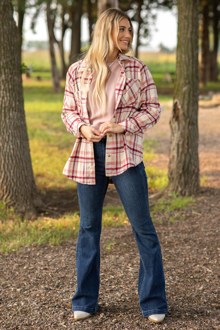 Blush and Taupe Plaid Button Up Top