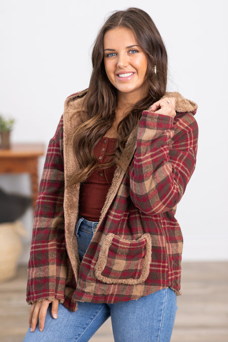 Burgundy and Mocha Plaid Sherpa Lined Jacket