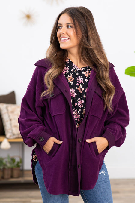 Eggplant Fleece Boyfriend Fit Shacket - Filly Flair