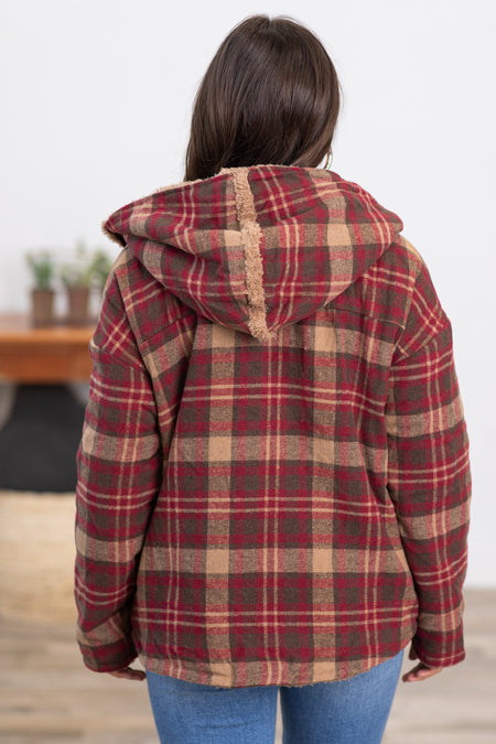 Burgundy and Mocha Plaid Sherpa Lined Jacket