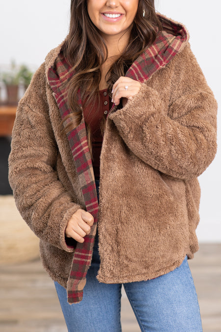 Burgundy and Mocha Plaid Sherpa Lined Jacket